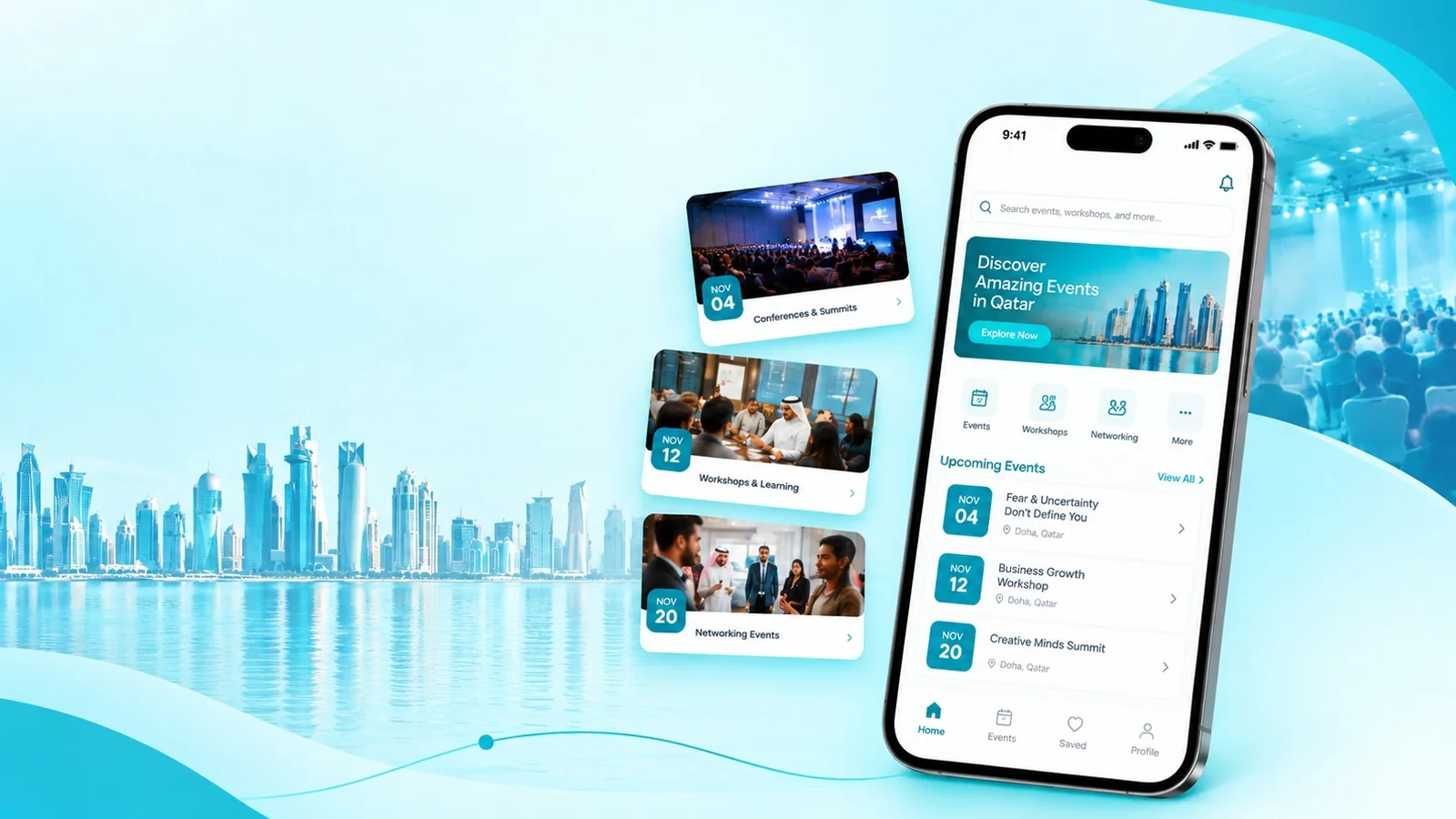 A phone showing an events app — “Discover Amazing Events in Qatar” — beside cards for conferences, workshops and networking events, over the Doha skyline.