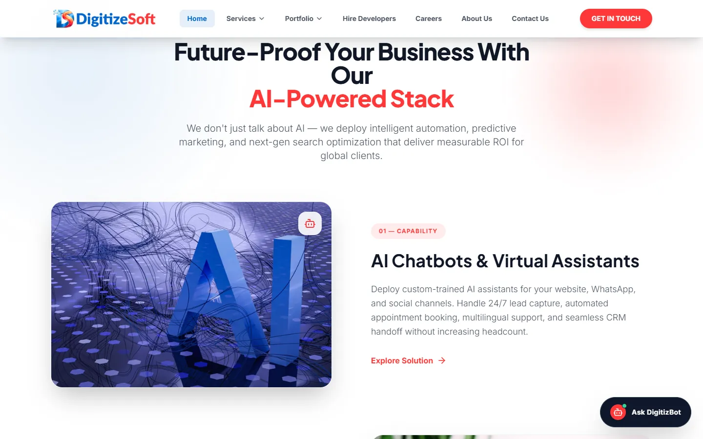 The AI capabilities on the home page: chatbots and virtual assistants first.