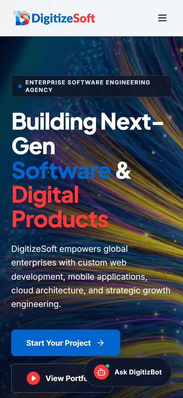 DigitizeSoft’s home page on a phone: “Building Next-Gen Software & Digital Products”.