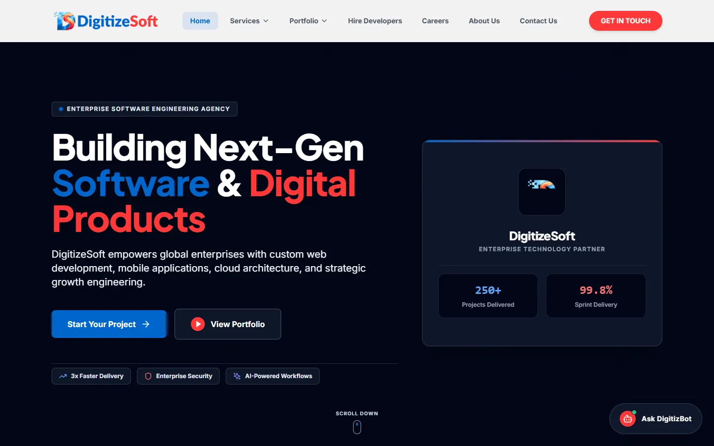 DigitizeSoft’s home page: the headline, with buttons to start a project or view the portfolio.