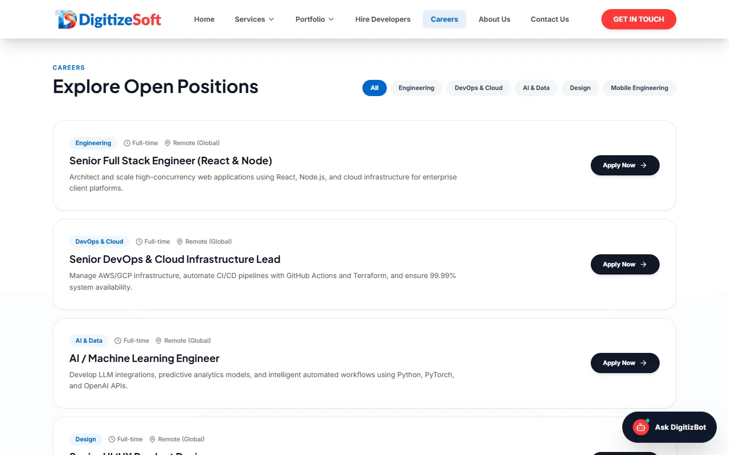 Open positions, filtered by team: full-stack, DevOps and cloud, and AI engineering roles.