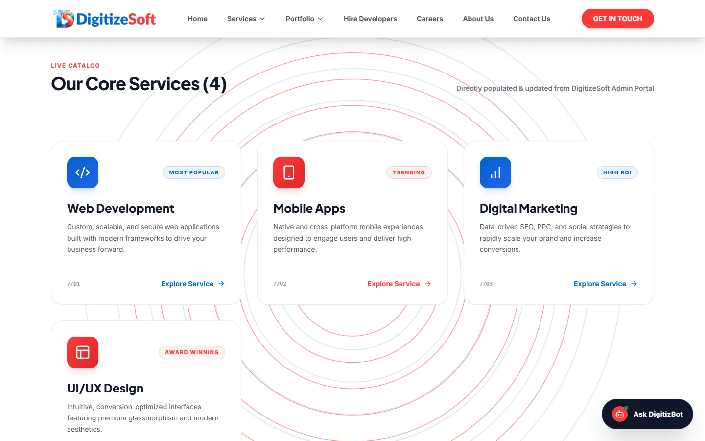 The live services catalogue: web development, mobile apps, digital marketing and UI/UX design.