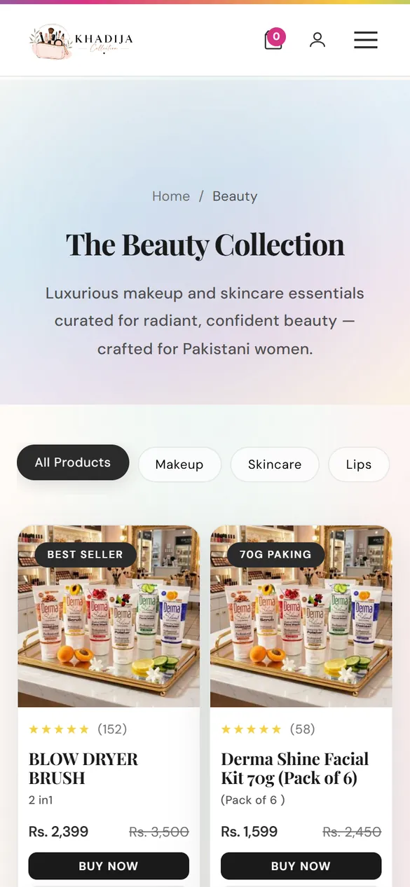 The beauty page on a phone.