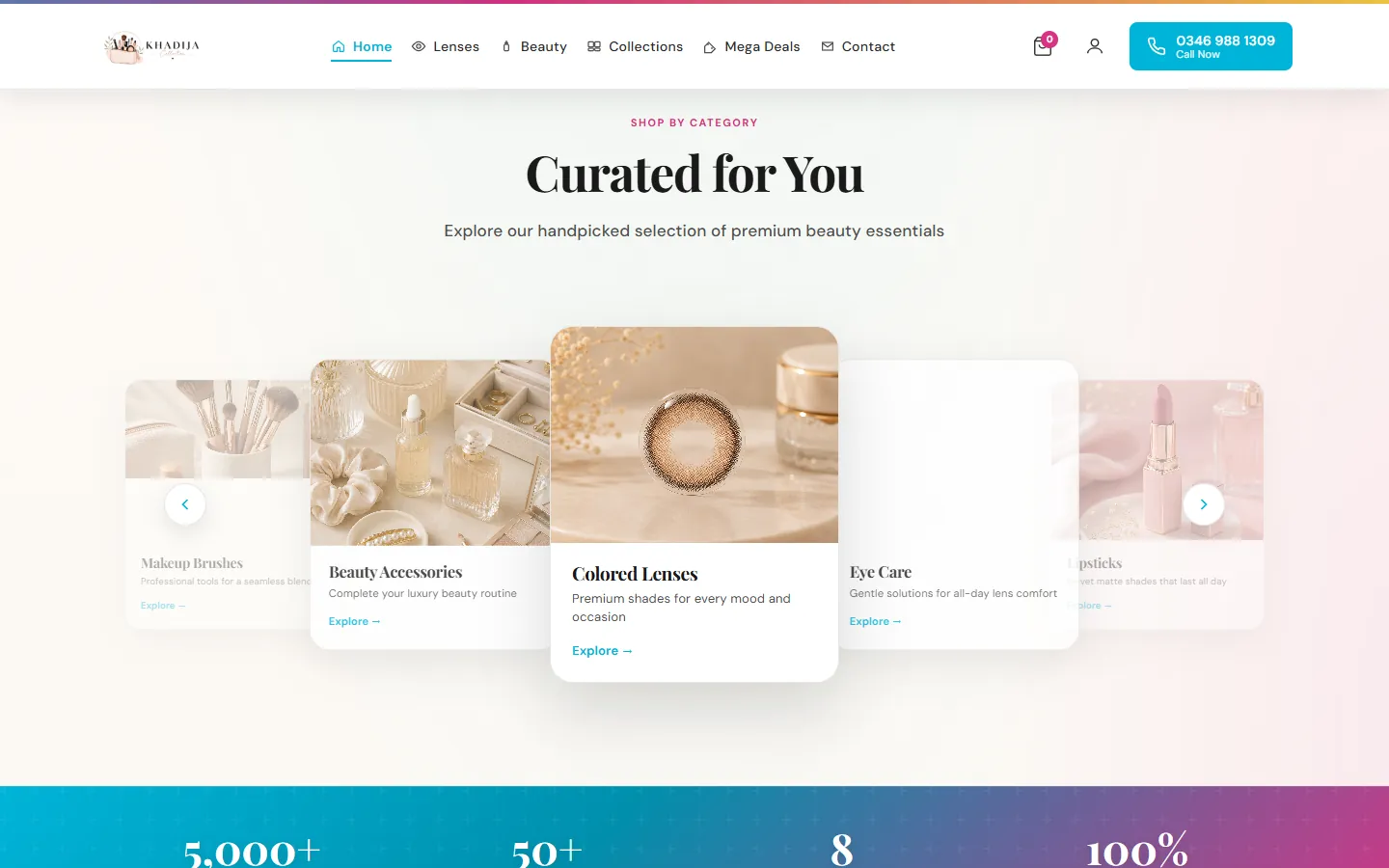 Shop by category: a carousel of categories, with coloured lenses in front.