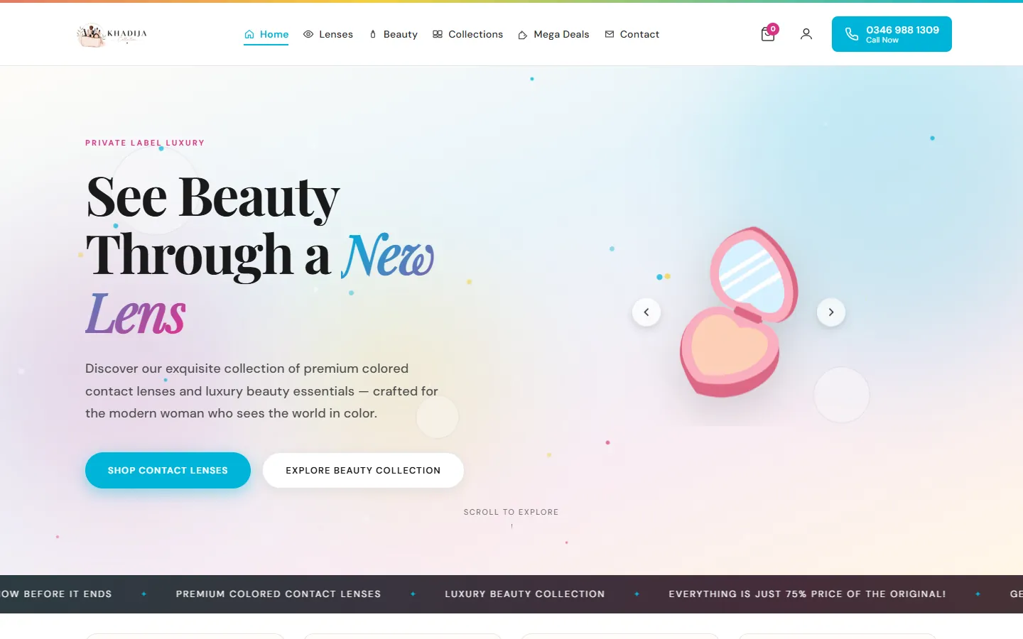 Khadija Collection’s home page: “See Beauty Through a New Lens”, with ways in to lenses and to the beauty collection.