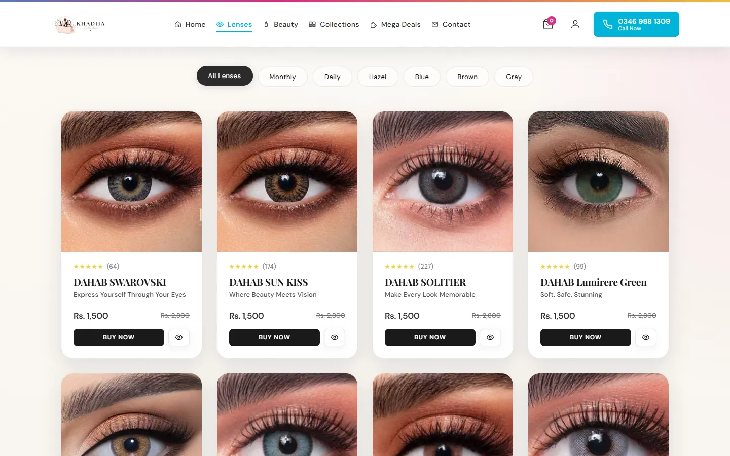 The lenses page: filters across the top, and a grid of lenses with ratings and prices.