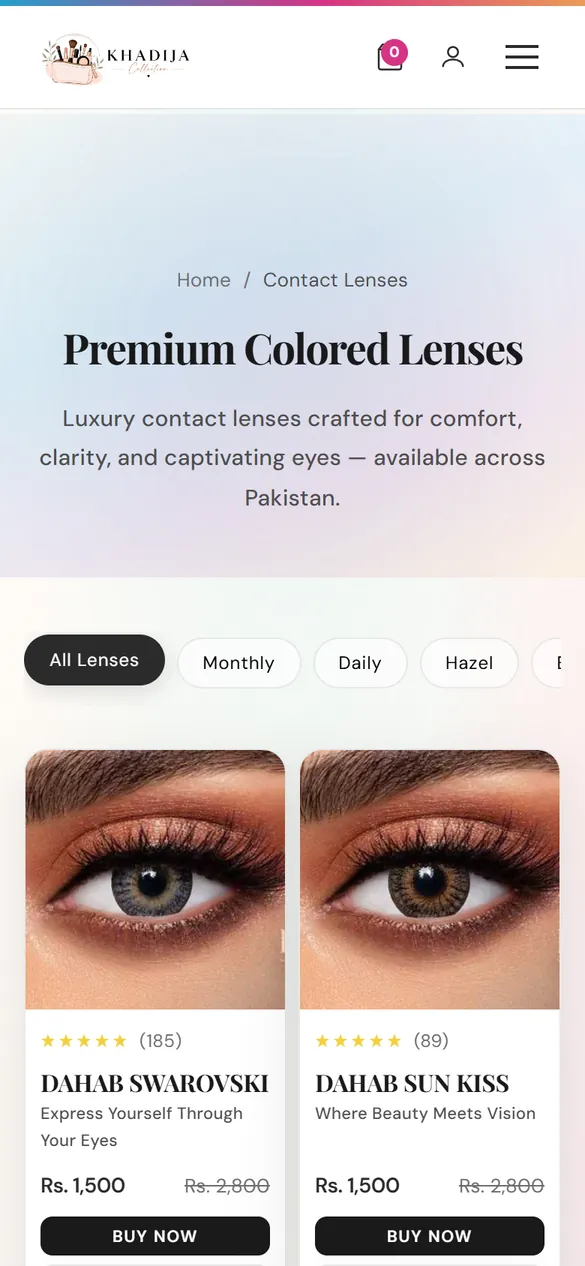 The lenses page on a phone.