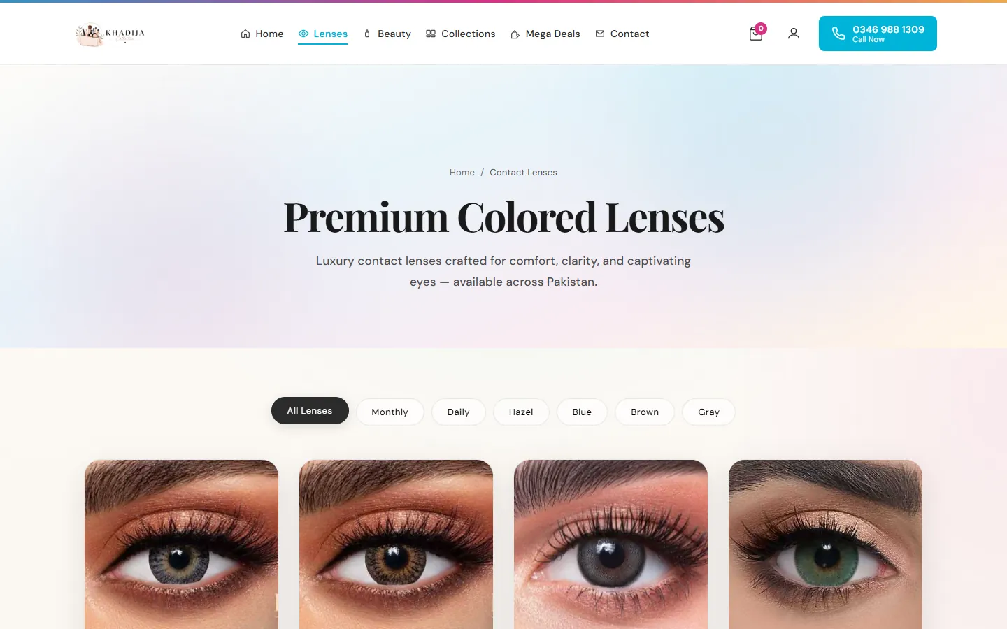 The top of the lenses page: premium coloured lenses, available across Pakistan.