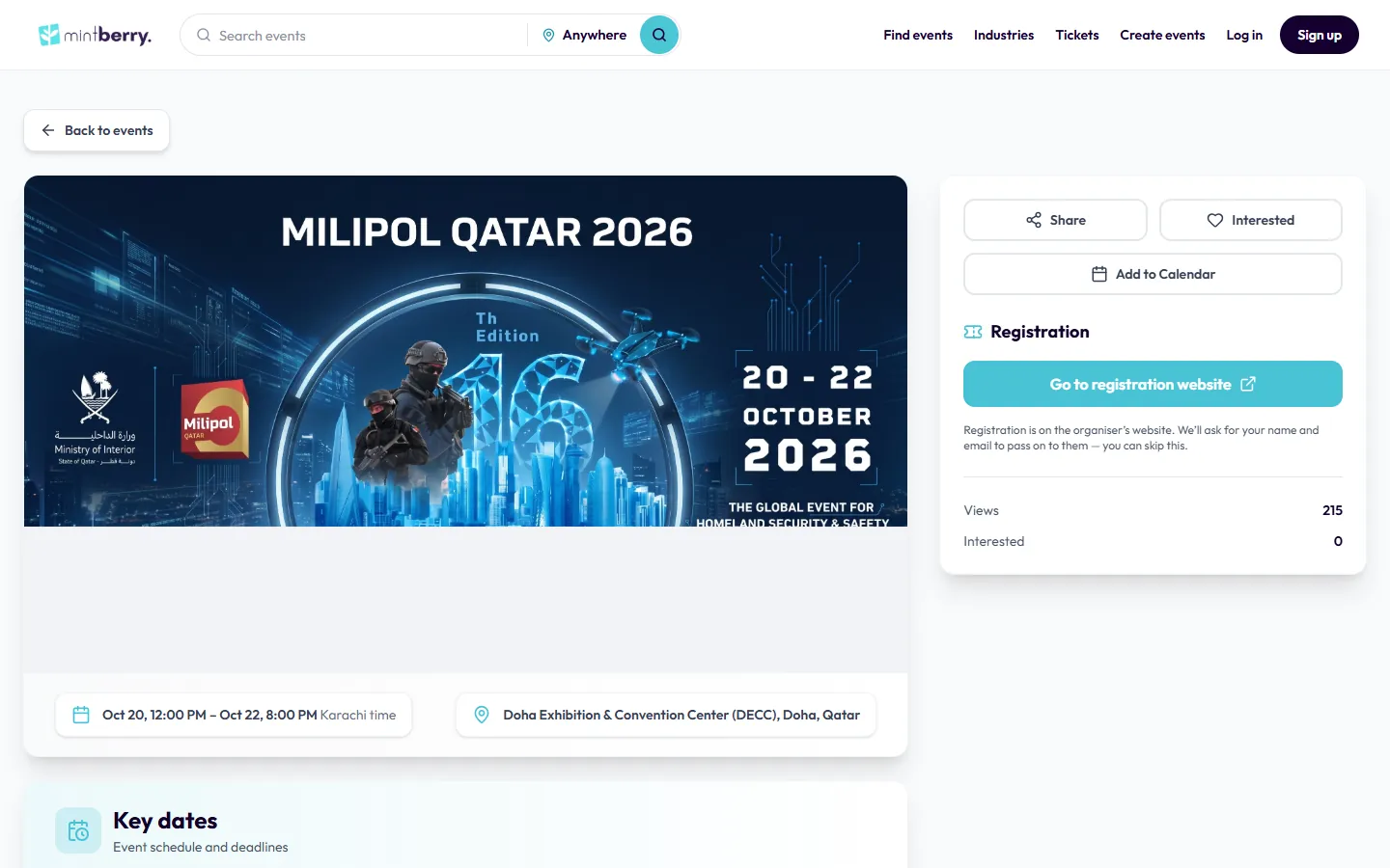 An event’s page: its banner and dates, with buttons to share, save to a calendar and go to registration.