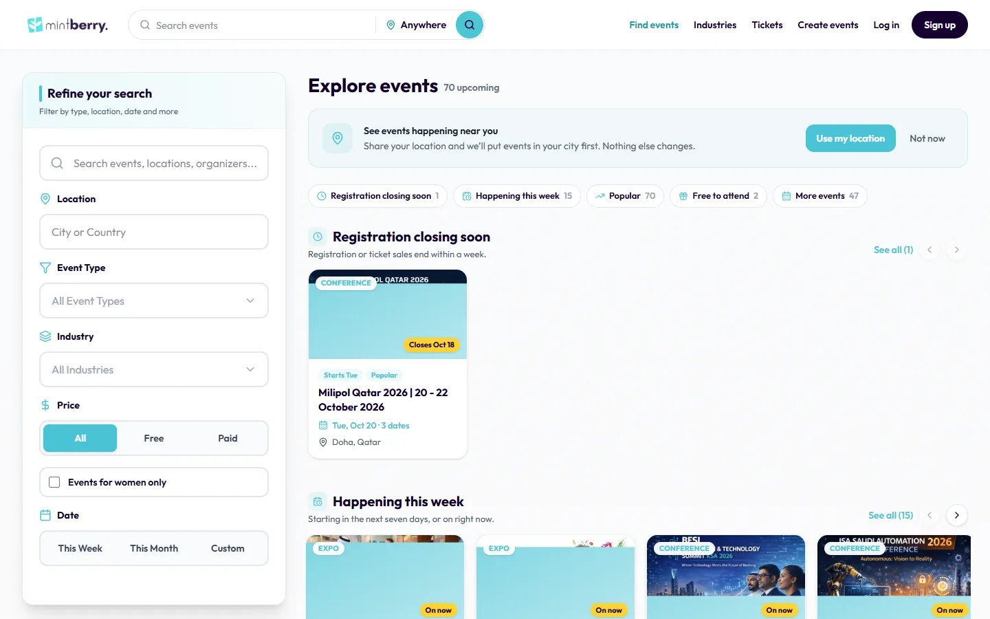 Explore events: filters down the side, and events grouped as closing soon and happening this week.