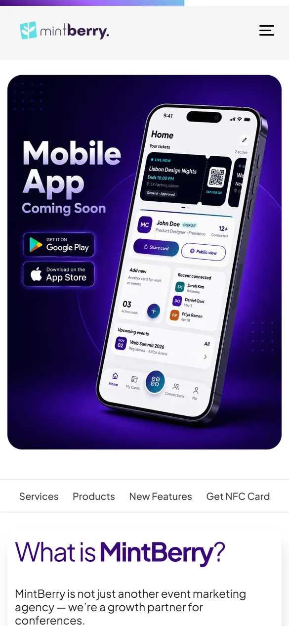 MintBerry’s home page on a phone.