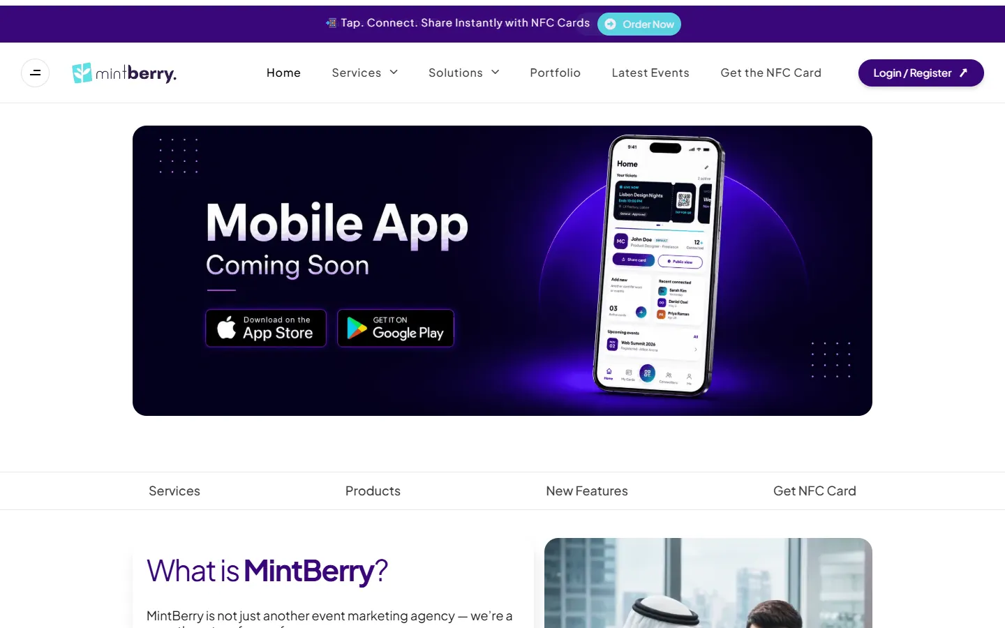 MintBerry’s home page: the mobile app announced above “What is MintBerry?”.