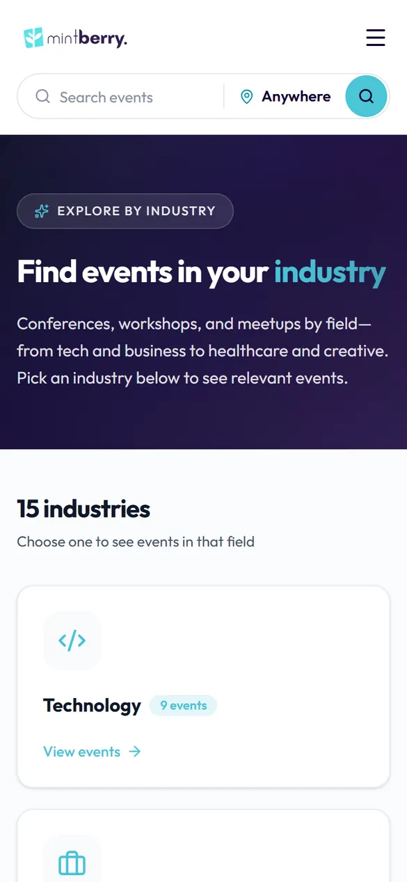 Events by industry, on a phone.