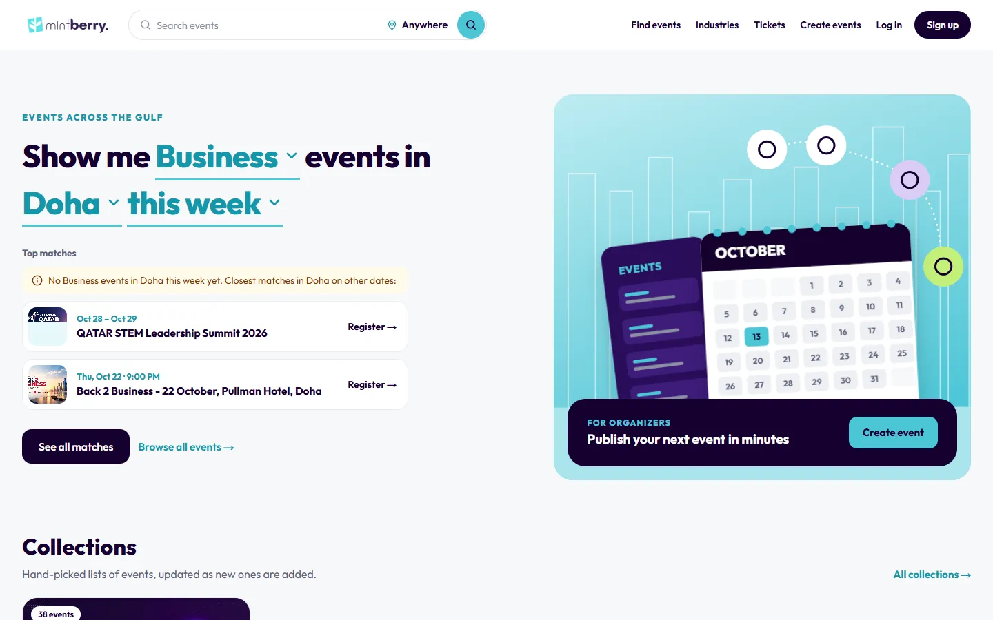 The events platform’s home: “Show me business events in Doha this week”, with matching events beneath.