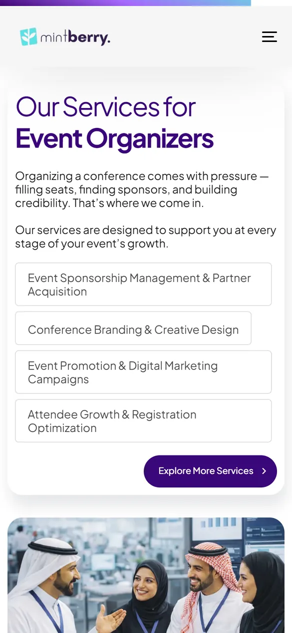 Services for event organisers, on a phone.