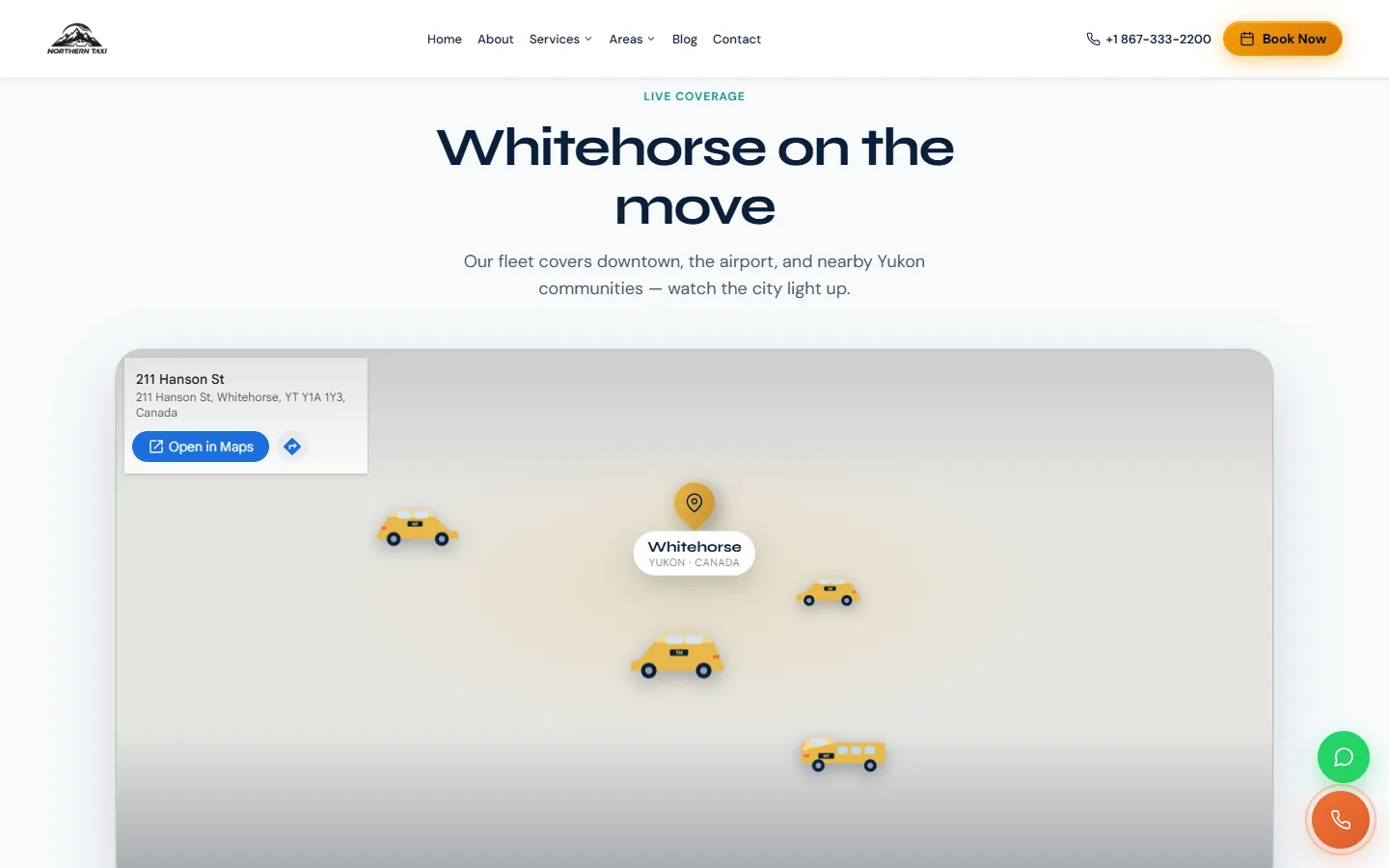 The live coverage section: a map of Whitehorse with taxis moving across it.