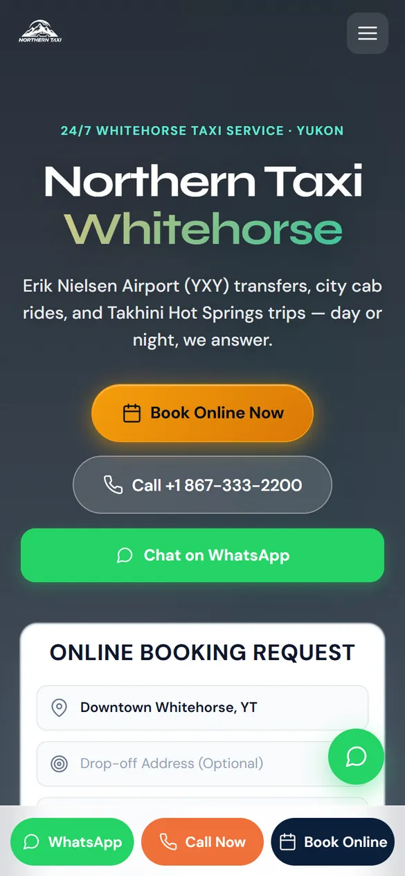 Northern Taxi’s home page on a phone: the name over buttons to book online, call or chat on WhatsApp.