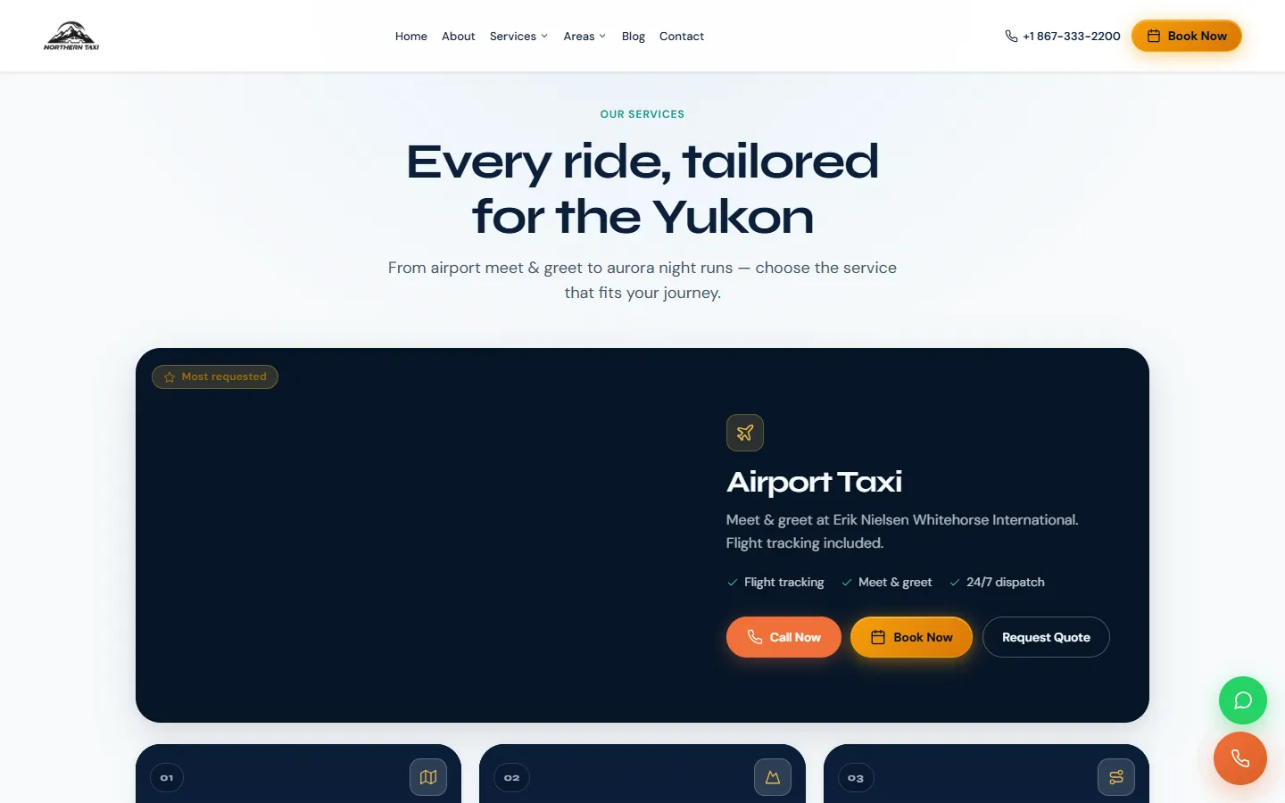 The services section: airport taxi first, with buttons to call, book or ask for a quote.