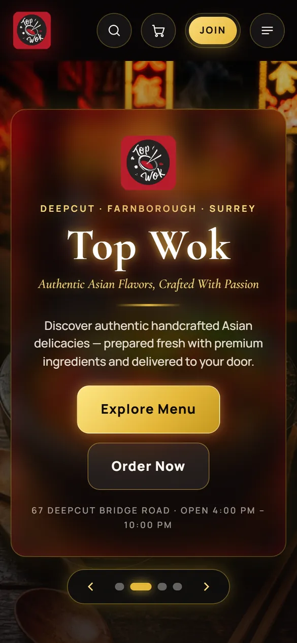 Top Wok’s home page on a phone: the name over buttons to explore the menu or order now.