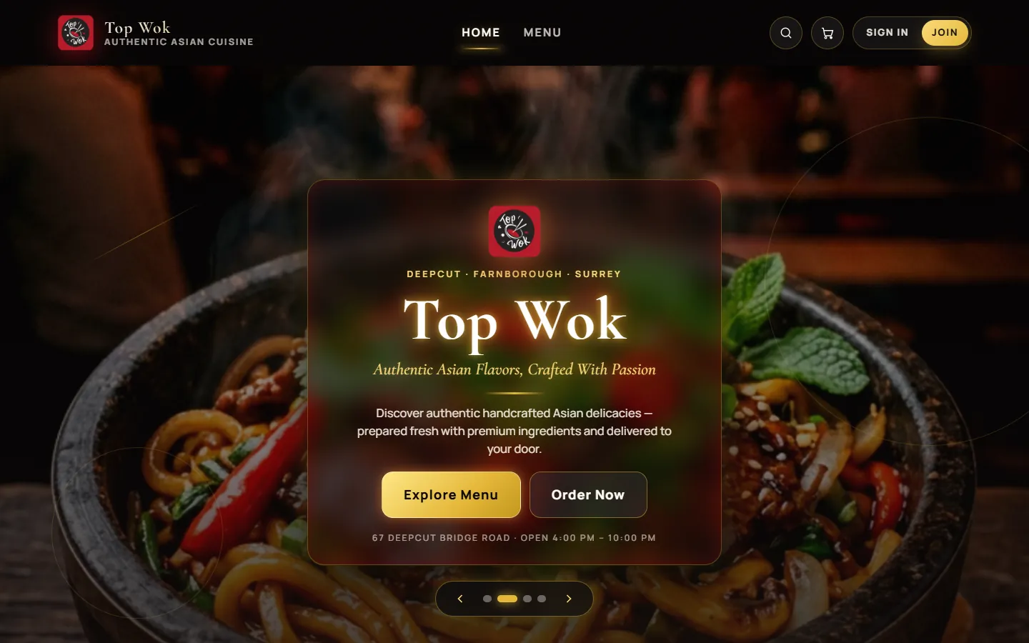 Top Wok’s home page: “Authentic Asian Flavors, Crafted With Passion” over a photograph of a noodle bowl.
