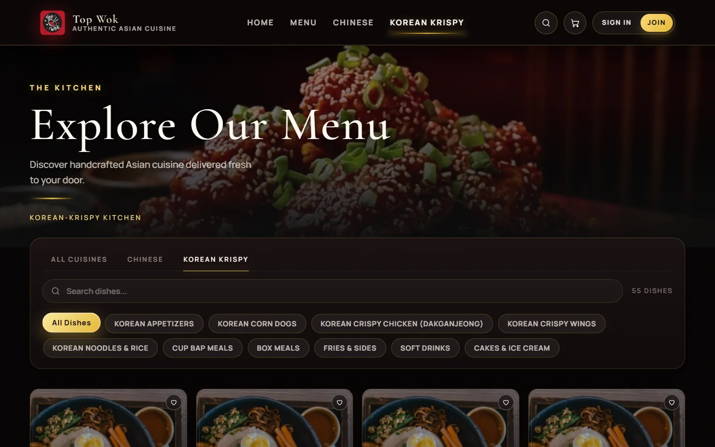 The Korean Krispy menu: a search box, category filters and dish cards with their prices.