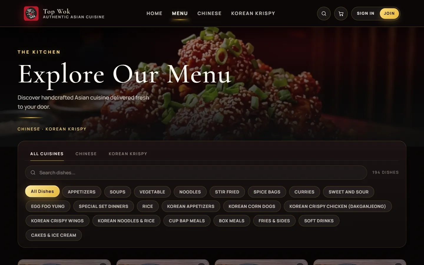 The full menu: all cuisines, Chinese or Korean Krispy, and filters from appetisers to set dinners.