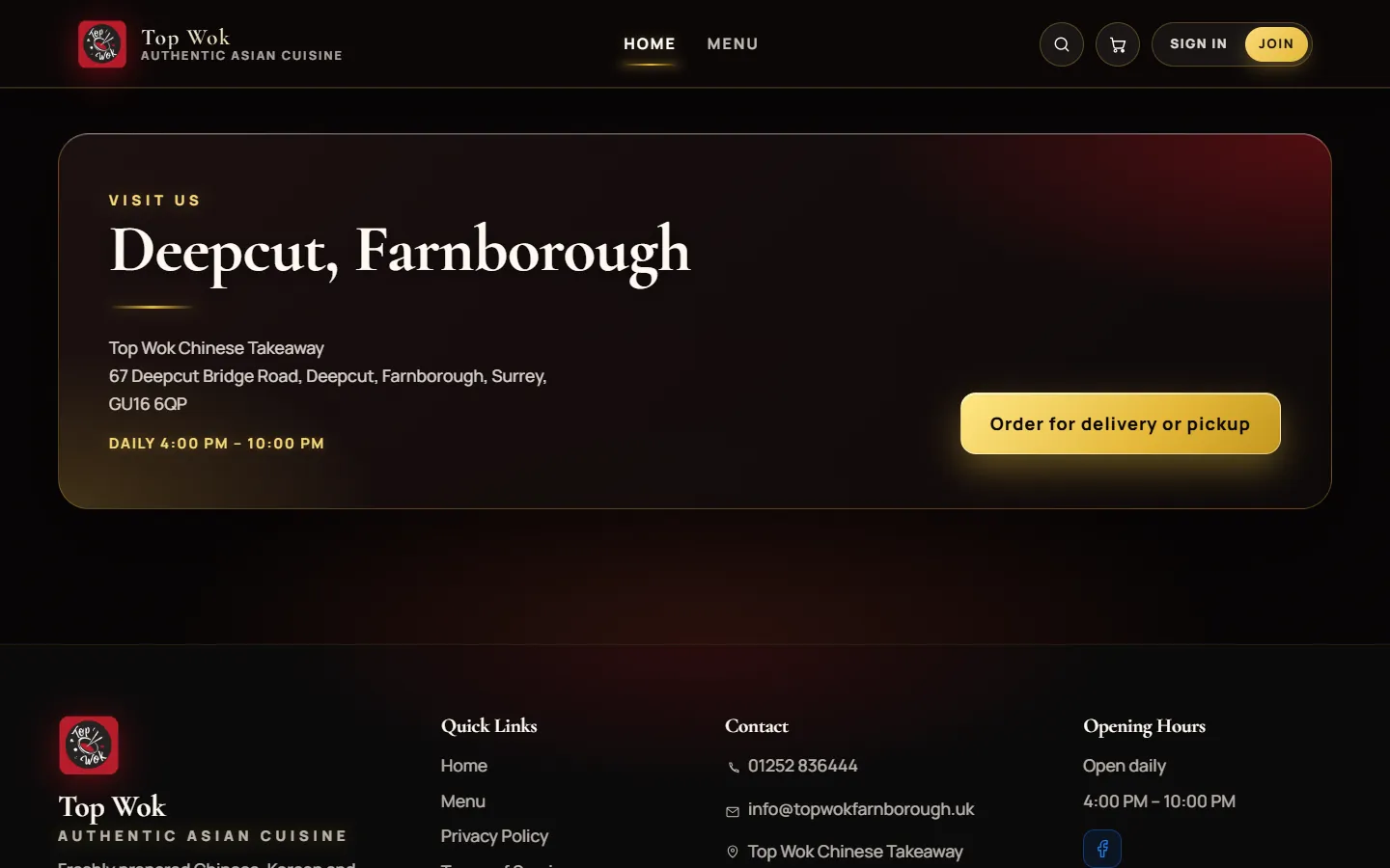 Visit us: the address in Deepcut, opening hours and a button to order for delivery or pickup.