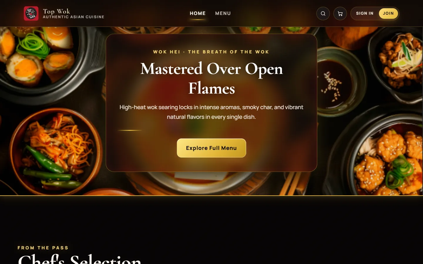 “Mastered Over Open Flames”: a panel on wok hei, set over photographs of the dishes.