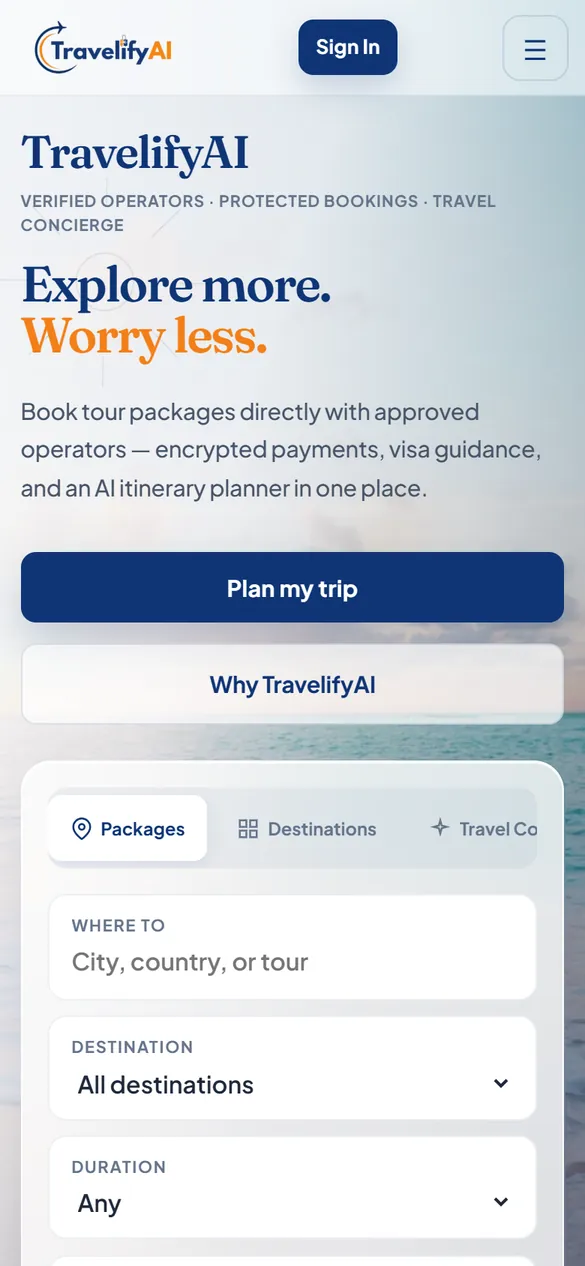 TravelifyAI’s home page on a phone: “Explore more. Worry less.” over the package search.
