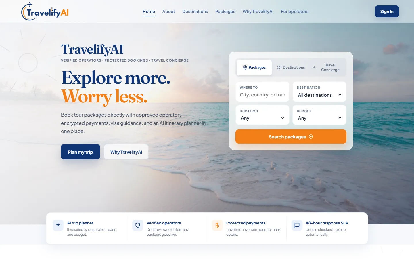 TravelifyAI’s home page: the headline beside a search by destination, duration and budget.