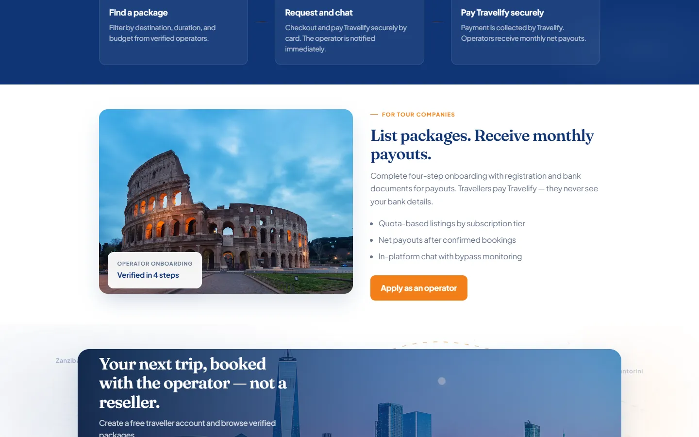 For tour companies: list packages and receive monthly payouts, after a four-step verification.