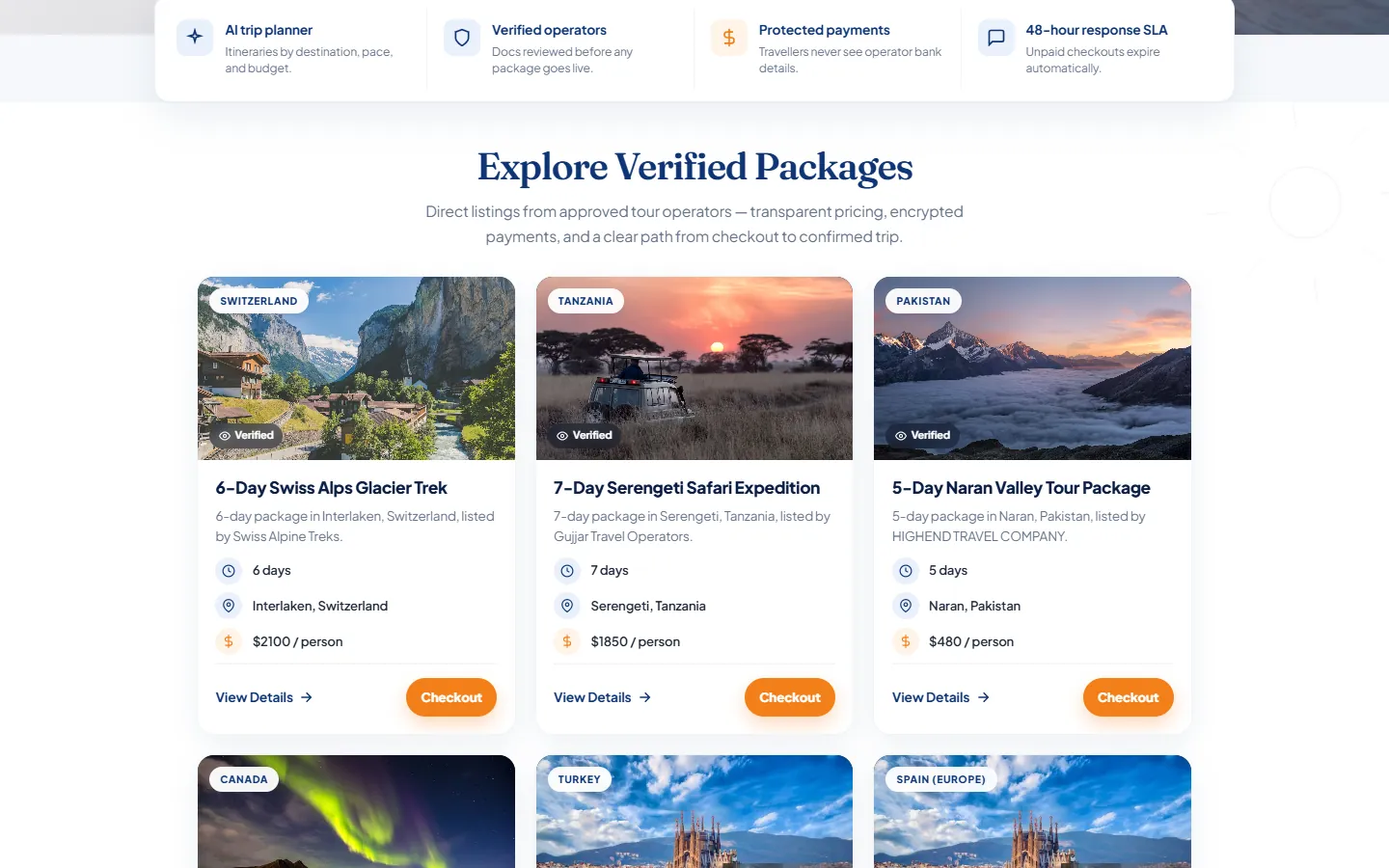 Verified packages: cards for tours in Switzerland, Tanzania and Pakistan, each with its price and a checkout button.