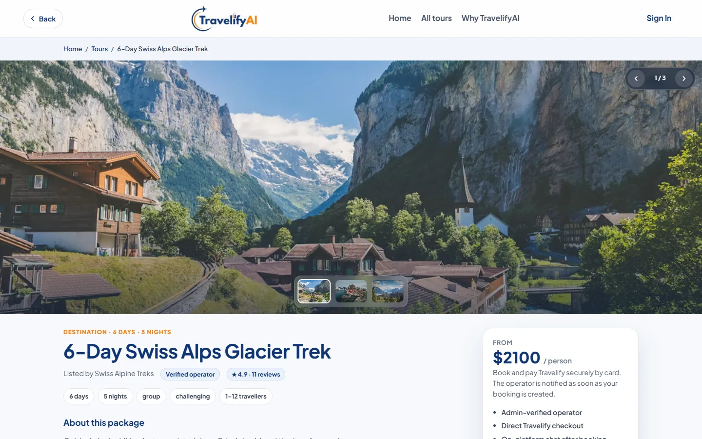 A package’s page: photographs, the operator, the price per person and what the booking includes.