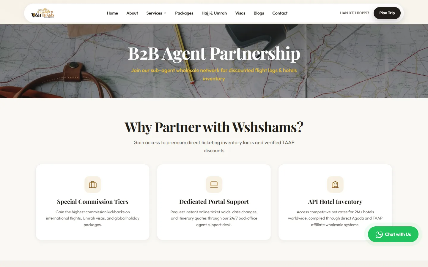 The B2B agent page: commission tiers, portal support and hotel inventory for partner agencies.