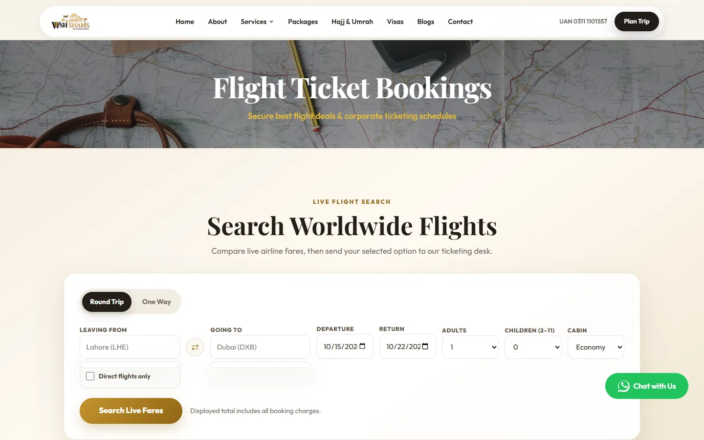 The flights page: flight ticket bookings, with the live search beneath.