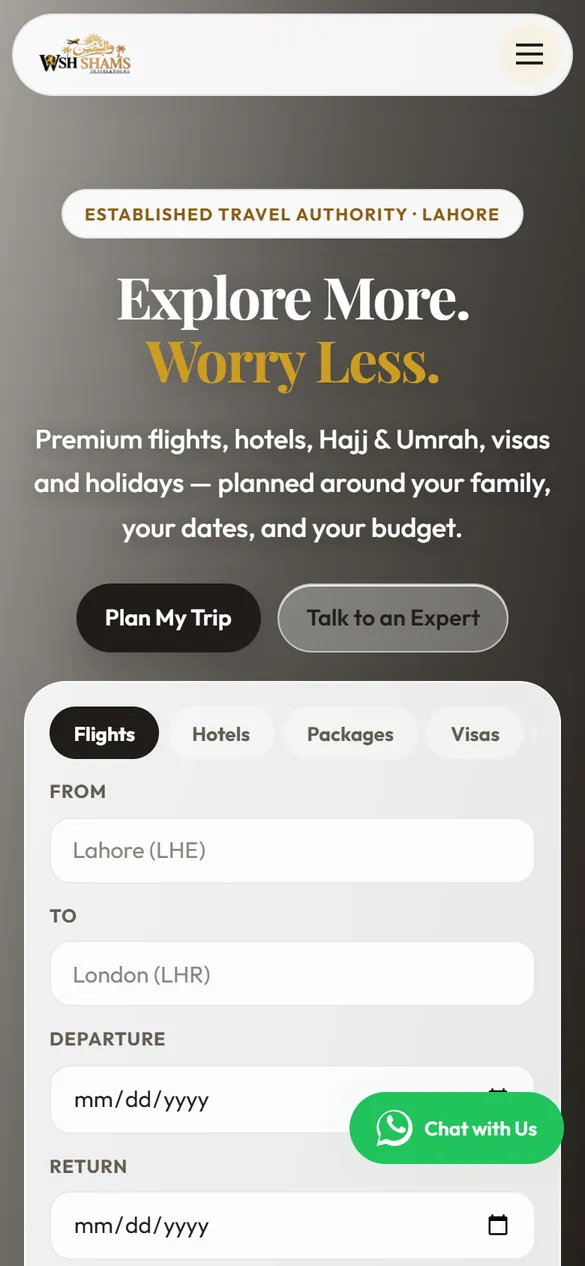 Wsh Shams’ home page on a phone: “Explore More. Worry Less.” over the trip search.