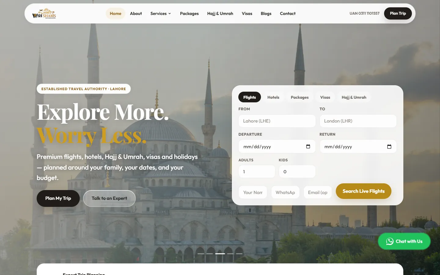Wsh Shams’ home page: the headline beside a search for flights, hotels, packages, visas, and Hajj & Umrah.