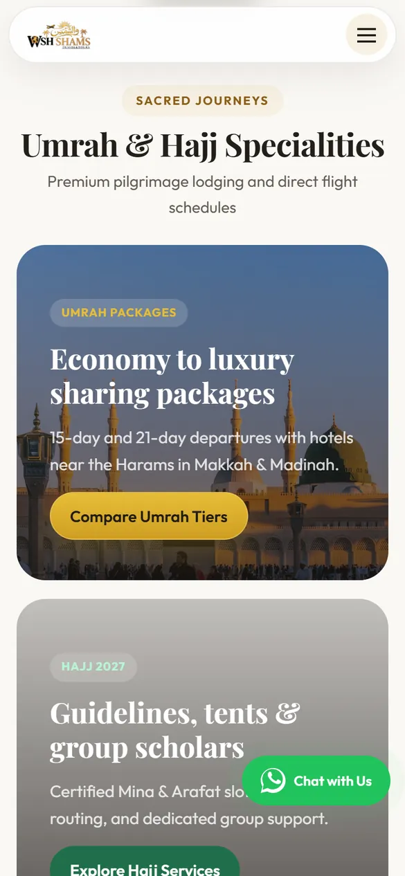 Umrah and Hajj specialities on the home page, on a phone.