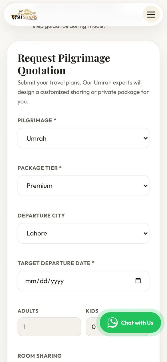 The pilgrimage quotation form on a phone.