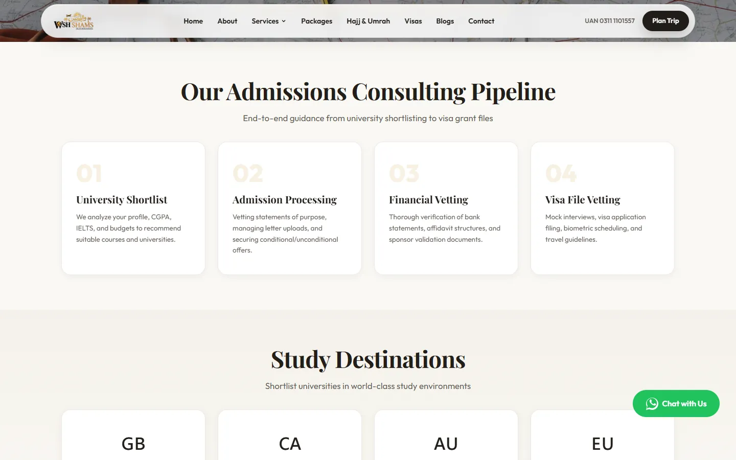 The study-abroad pipeline: university shortlist, admission processing, financial vetting and visa file vetting.