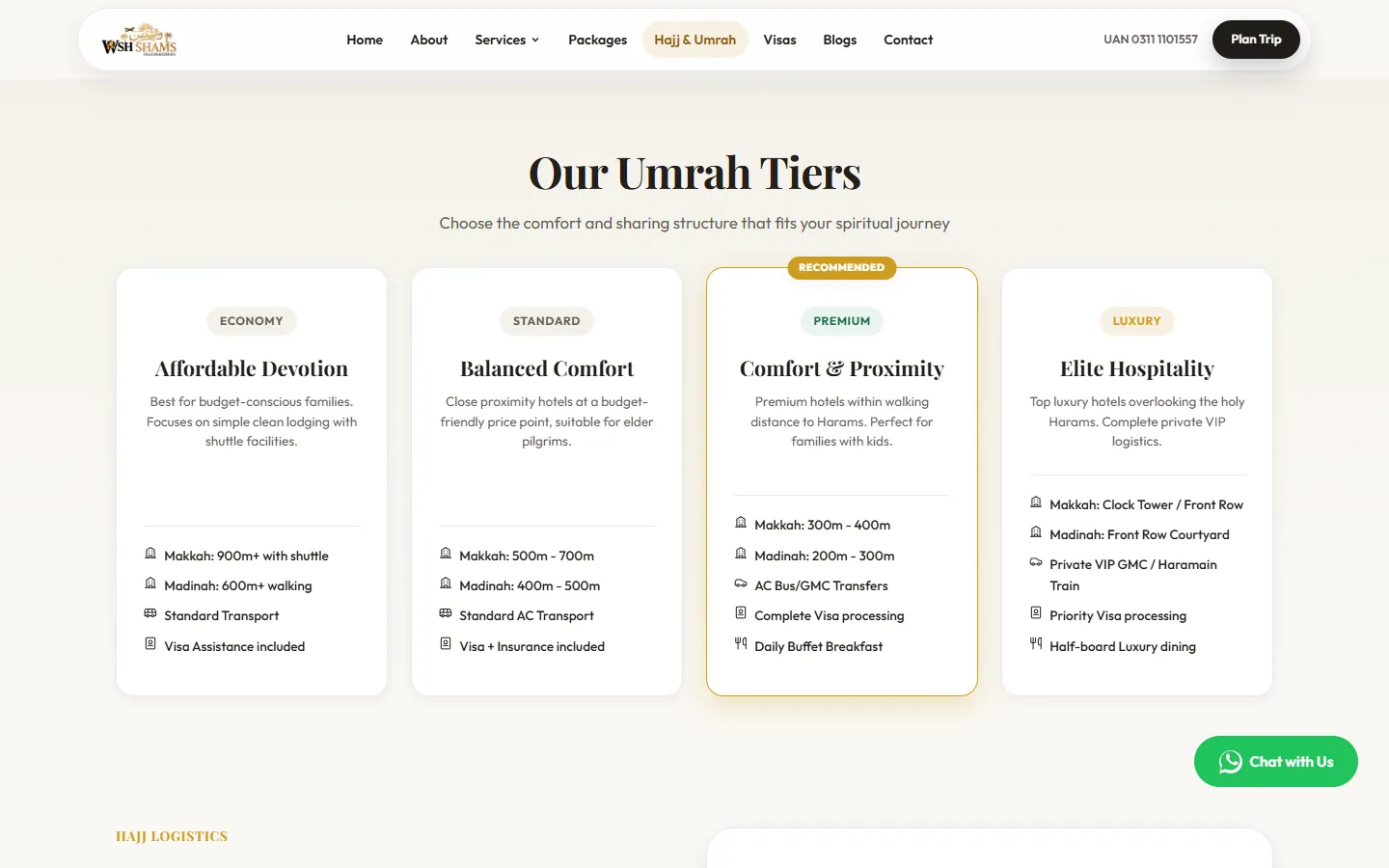 The Umrah tiers: economy, standard, premium and luxury, each with its distance from the Harams.